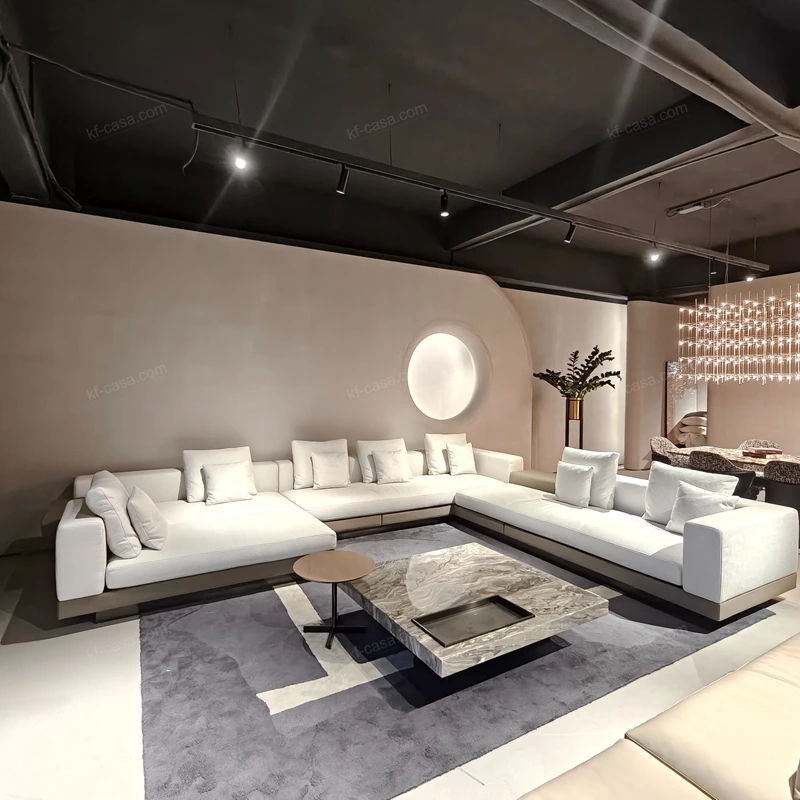 Modern Large-Scale Modular Sectional Sofa with Integrated Leather Side Tables, Premium Textured Fabric & Leather-Wrapped Base